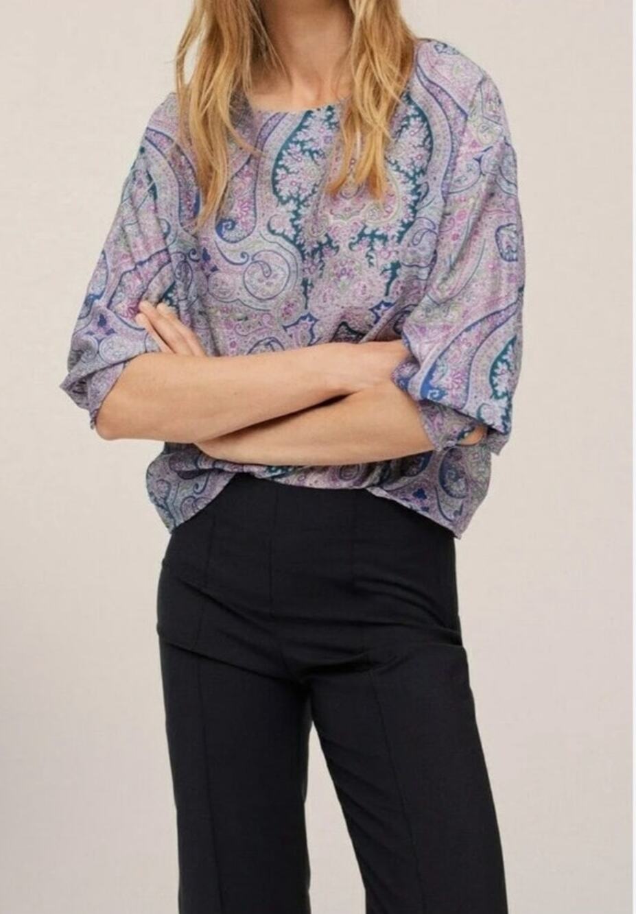 Mango Purple Blue Paisley Boho Lightweight Relaxed Blouse Top Size 6